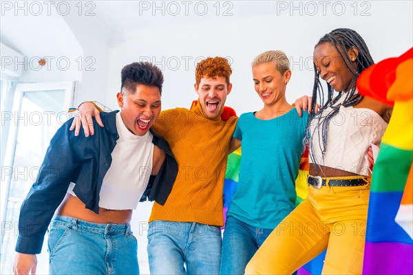 LGBT pride, lgbt rainbow flag, group of friends dancing in a house at the party