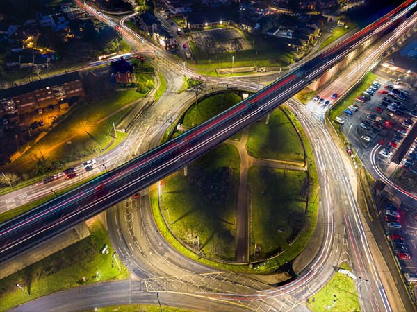 Night Top Down over Penn Inn Flyover and Roundabout from a drone Newton Abbot, Devon, England, United Kingdom, Europe