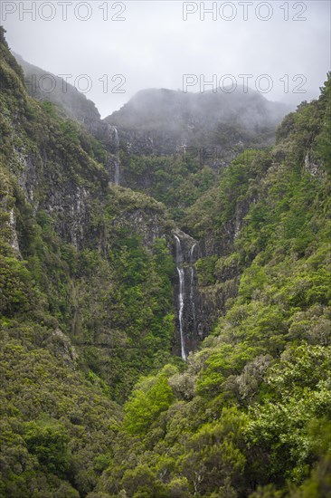 Waterfall, Green Forest and Mountains of Rabacal, Paul da Serra, Madeira, Portugal, Europe