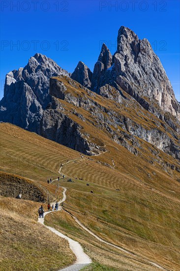 Hiking trail to the Geisler Group with the Sas Rigais peak, Val Gardena, Dolomites, South Tyrol, Italy, Europe