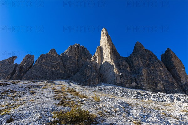 The peaks of the Three Peaks in the evening light, view from the south side, Dolomites, South Tyrol, Italy, Europe
