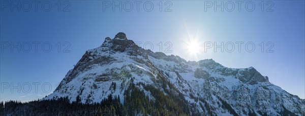 Pilatus in winter backlit, drone shot, Lauelenegg, Lucerne, Switzerland, Europe