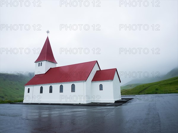 Rainy atmosphere, Vikurkirkja, Vik Lutheran Church, Vik, South Iceland, Iceland, Europe
