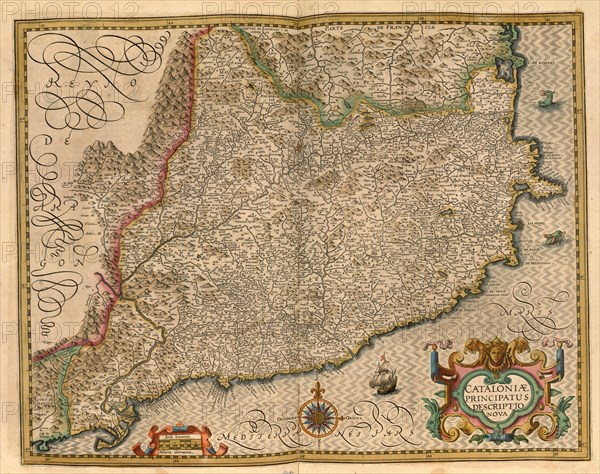 Atlas, map from 1623, Catalonia, Spain, digitally restored reproduction from an engraving by Gerhard Mercator, born as Gheert Cremer, 5 March 1512, 2 December 1594, geographer and cartographer, Europe
