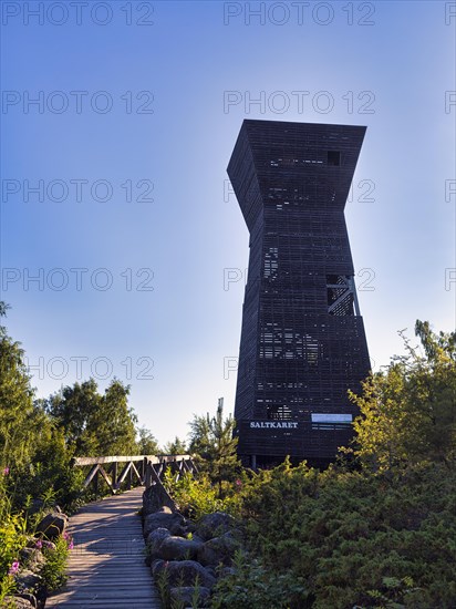 Saltkaret lookout tower, backlight, Bjoerkoeby, Korsholm, Mustasaari, Kvarken Archipelago Nature Reserve, UNESCO World Heritage Site, Ostrobothnia, Finland, Europe