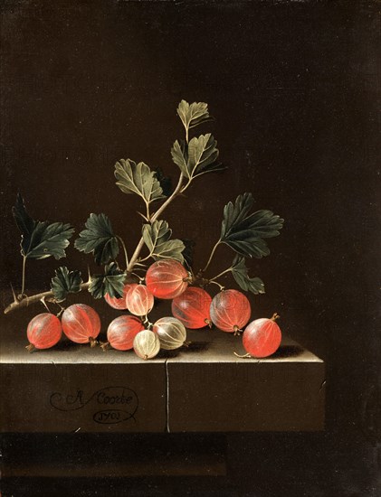 Gooseberries on a Table, 1701, Painting by Adriaen Coorte, Historic, digitally restored reproduction of an original from the period