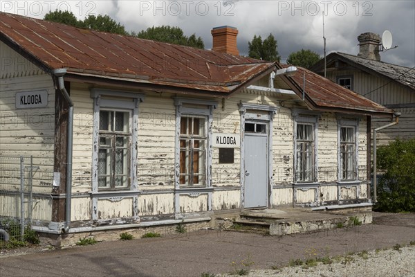 Weathered wooden house at the historic railway station in the village of Klooga, Harju County, Estonia, Europe
