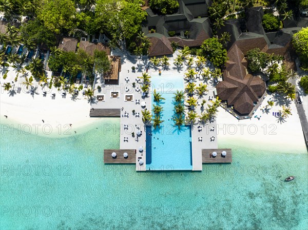 Aerial View, Paradise Island with Water Bungalows, Indian Ocean, Lankanfushi, North Male Atoll, Maldives, Asia