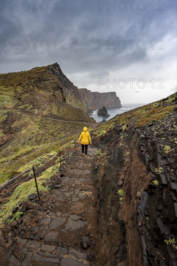 Hiker, coastal landscape, cliffs and sea, rugged coast with rock formations, Cape Ponta de Sao Lourenco, Madeira, Portugal, Europe