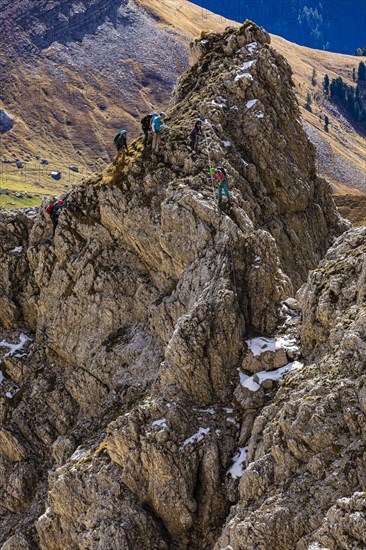 Climbers on the Innerkoflerturm, view from the Langkofelscharte, Sella Pass, Dolomites, South Tyrol, Italy, Europe