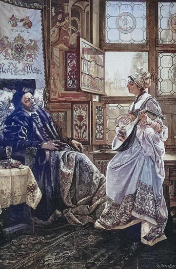 Charles V, Holy Roman Emperor with Barbara Blomberg in Regensburg, Historical, digitally restored reproduction of a 19th century original