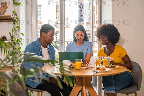 Multiethnic friends doing online shopping with the computer while having breakfast, by the window