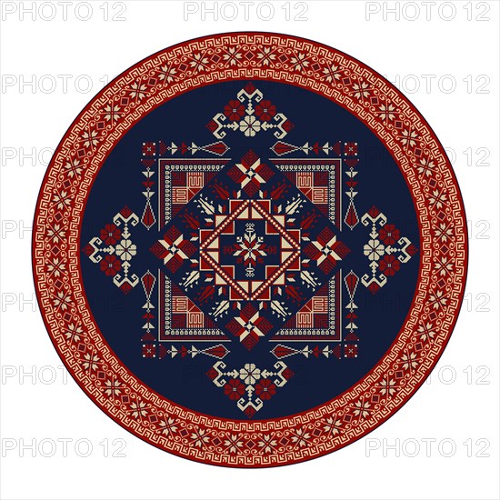 Decorative round Palestinian Tatreez design element over white background, vector illustration