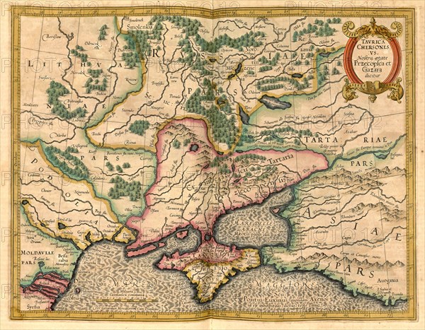 Atlas, map from 1623, tavrica chersones, Crimea, Ukraine, Black Sea, digitally restored reproduction from an engraving by Gerhard Mercator, born as Gheert Cremer, 5 March 1512, 2 December 1594, geographer and cartographer, Europe