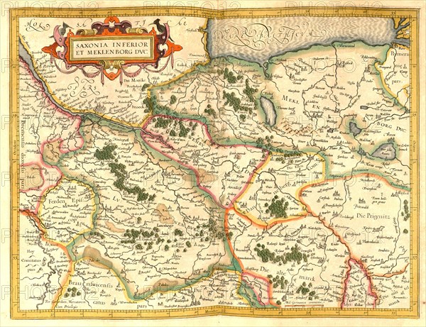 Atlas, map from 1623, Saxony and Mecklenburg, Germany, digitally restored reproduction from an engraving by Gerhard Mercator, born as Gheert Cremer, 5 March 1512, 2 December 1594, geographer and cartographer, Europe