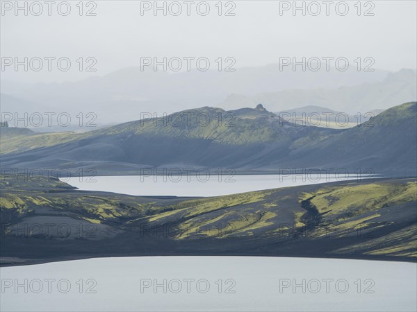 Moss-covered volcanic landscape, crater lake, Laki Crater or Lakagigar, Highlands, South Iceland, Suourland, Iceland, Europe