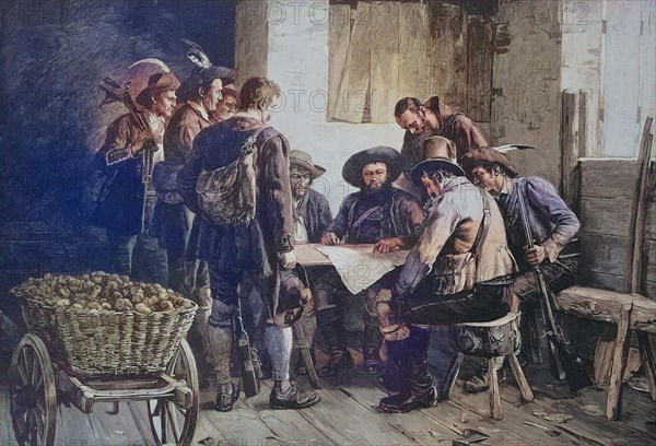 Council of war with Andreas Hofer in the year 1809, Tyrolean Rebellion, Historical, digitally restored reproduction of an original from the 19th century, exact date unknown