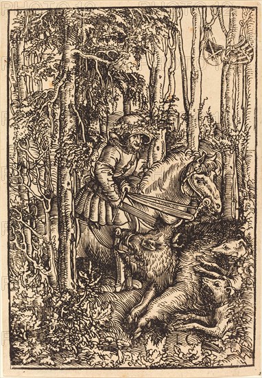Hunter on horseback hunting a wild boar, painting by Lucas Cranach the Elder, 4 October 1472, 16 October 1553, one of the most important German painters, graphic artists and letterpress printers of the Renaissance, Historic, digitally restored reproduction of a historical original