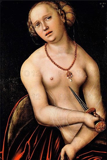Suicide of Lucretia, Traditionally considered to be a portrait of Lucretia Borgia, daughter of Pope Alexander VI. It shows an unknown lady in the guise of the ancient goddess of spring, Flora, painting by Lucas Cranach the Elder, 4 October 1472, 16 October 1553, one of the most important German painters, graphic artists and letterpress printers of the Renaissance, Historic, digitally restored reproduction of a historical original