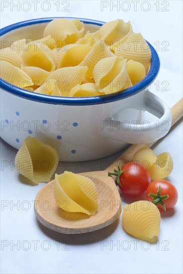 Conchiglie in pots, shell pasta, pasta