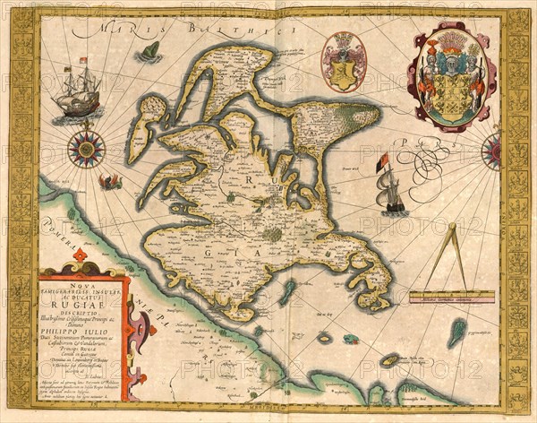 Atlas, map from 1623, Rugiae, Island of Ruegen, Germany, digitally restored reproduction from an engraving by Gerhard Mercator, born as Gheert Cremer, 5 March 1512, 2 December 1594, geographer and cartographer, Europe