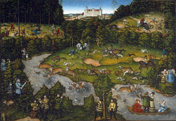 Court Hunt at Hartenfels Castle, painting by Lucas Cranach the Elder, 4 October 1472, 16 October 1553, one of the most important German painters, graphic artists and letterpress printers of the Renaissance, Historical, digitally restored reproduction of a historical original