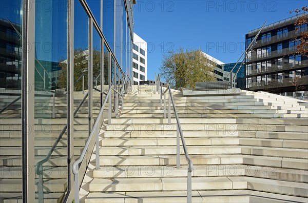 Modern office building, window front with reflection, steps in the foreground, Hafencity, Hamburg, Germany, Europe