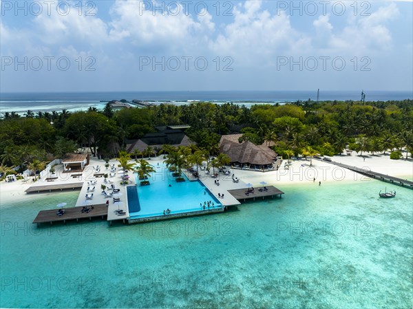 Aerial View, Paradise Island with Water Bungalows, Indian Ocean, Lankanfushi, North Male Atoll, Maldives, Asia