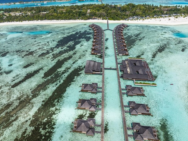 Aerial View, Paradise Island with Water Bungalows, Indian Ocean, Lankanfushi, North Male Atoll, Maldives, Asia