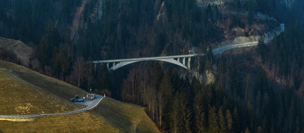 Salginatobel Bridge, educational object 1930s reinforced concrete bridge, engineering milestone ASCE, UNESCO World Heritage waiting list, drone image, Schiers Schuders, Praettigau, Graubuenden, Switzerland, Europe