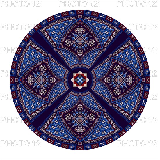 Decorative round Palestinian Tatreez design element over white background, vector illustration