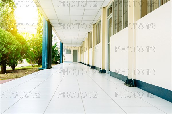 Corridors of a university on a sunny day. View of a corridor of a student institution