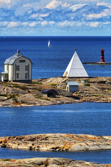Old pilot station Kobba Klintar with museum and exhibition building in the shape of a pyramid, small island in the archipelago, harbour entrance Mariehamn, Aland Islands, Gulf of Bothnia, Baltic Sea, Finland, Europe
