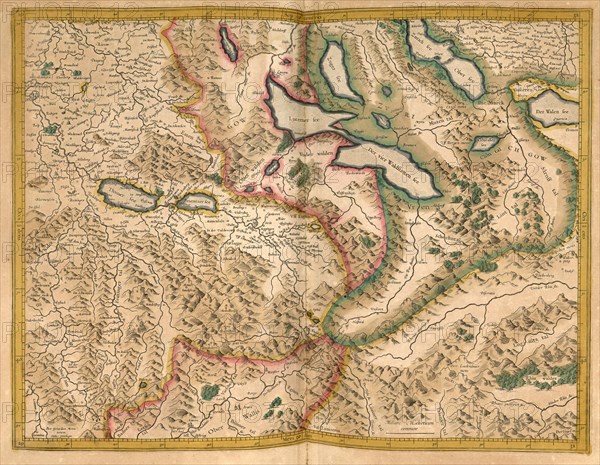 Atlas, map from 1623, Switzerland with Lake Lucerne and Lake Thun, digitally restored reproduction from an engraving by Gerhard Mercator, born as Gheert Cremer, 5 March 1512, 2 December 1594, geographer and cartographer