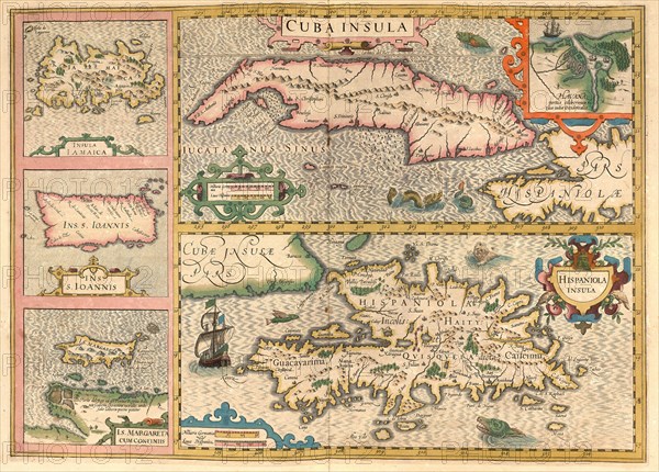 Atlas, map from 1623, Central America, Caribbean, Cuba, Hispaniola Haiti, Jamaica, Isla Margerita, Ioannis, digitally restored reproduction from an engraving by Gerhard Mercator, born as Gheert Cremer, 5 March 1512, 2 December 1594, geographer and cartographer, Central America