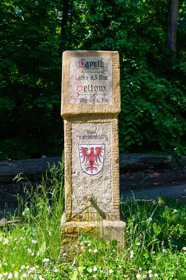 Historical signpost with heraldic animal Brandenburg eagle between Caputh and Geltow, Schwielowsee, Brandenburg, Germany, Europe