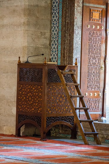 Wooden minbar, sermon pulpit of Ottoman times in mosque