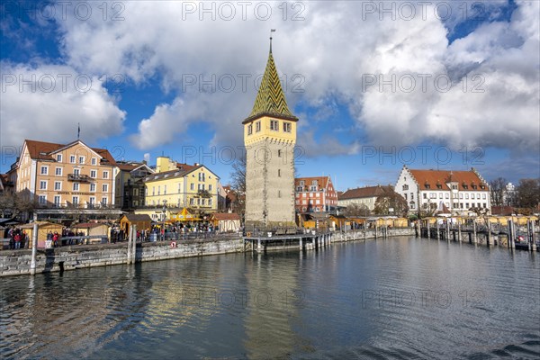 Harbour promenade with Mangturm, reflected in the lake, harbour, Lindau Island, Lake Constance, Bavaria, Germany, Europe