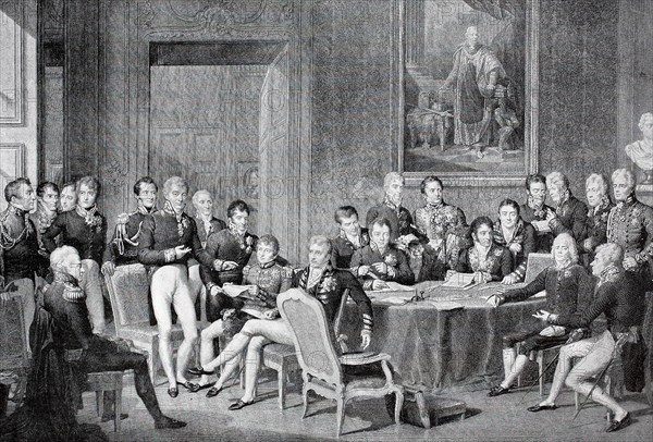 The Congress of Vienna was a conference of ambassadors of European states chaired by the Austrian statesman Klemens Wenzel von Metternich, held in Vienna from November 1814 to June 1815, Historical, digitally restored reproduction from a 19th century original