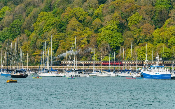 Steam Train and Boats over River Dart, Kingswear from Dartmouth, Devon, England, United Kingdom, Europe