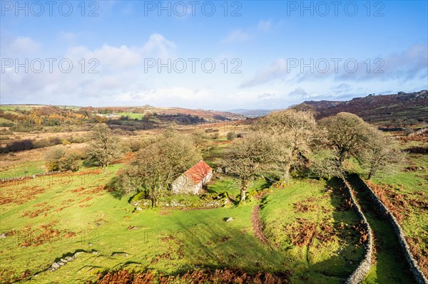 View over Emsworthy Mire from a drone, Haytor Rocks, Dartmoor National Park, Devon, England, UK