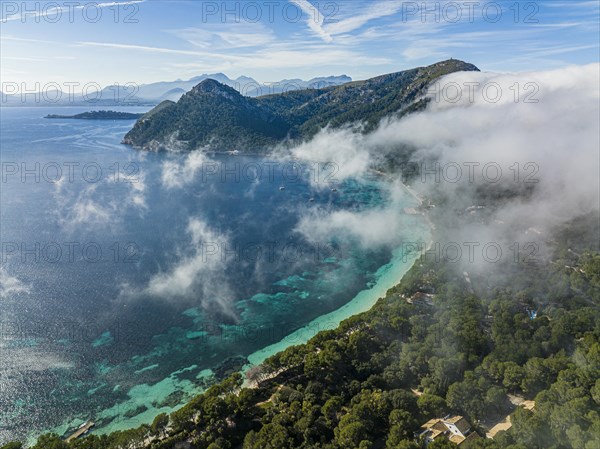 Aerial view, Spain, Balearic Islands, Port de Pollenca, Formentor Peninsula with Formentor Beach, Hotel Royal Hideaway Formentor formerly Hotel Formentor, Cala Pi de la Posada, Illa del Geret, Europe