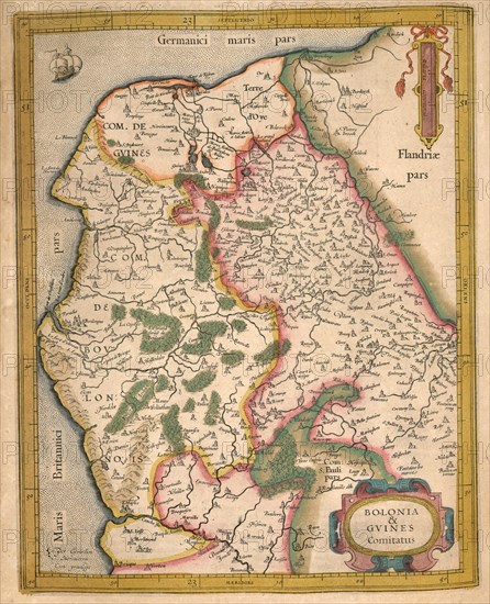 Atlas, map from 1623, Bolonia and Guines, France, digitally restored reproduction from an engraving by Gerhard Mercator, born Gheert Cremer, 5 March 1512, 2 December 1594, geographer and cartographer, Europe