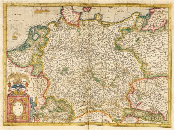Atlas, map from 1623, Germania, Germany, digitally restored reproduction from an engraving by Gerhard Mercator, born as Gheert Cremer, 5 March 1512, 2 December 1594, geographer and cartographer, Europe