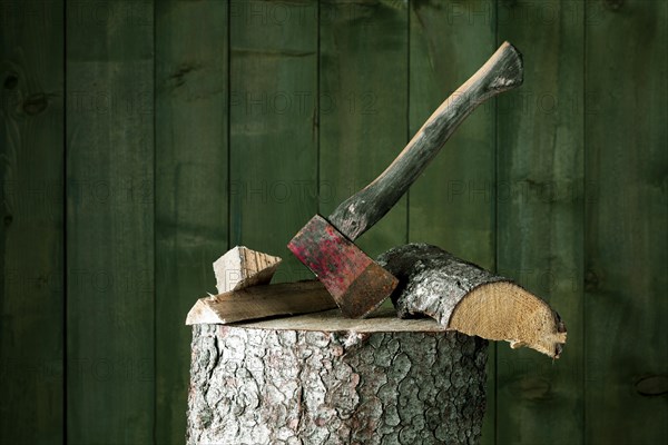 Axe on chopping block with log in front of green wooden wall, studio shot, Germany, Europe