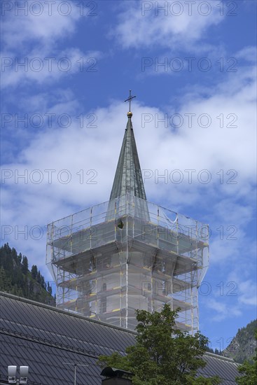 Scaffolded steeple of the St. Johannes Baptist Church, Bad hindelang, Allgaeu, Bavaria, Germany, Europe