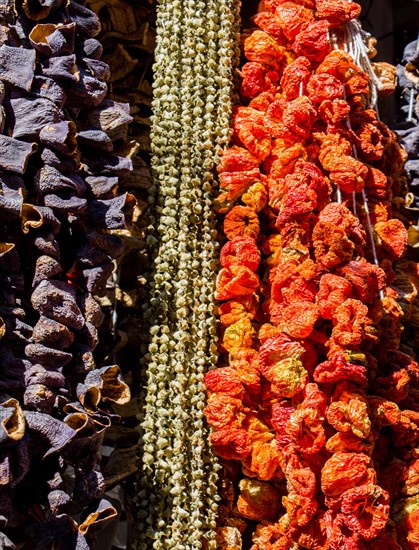 Dried peppers and aubergines and colourful spices in the Spice Market