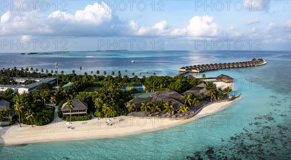 Aerial view, Hurawalhi Island resort with beaches and water bungalows, North Male Atoll, Maldives, Indian Ocean, Asia