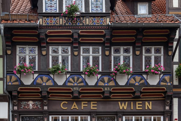 Cafe Wien in the historic half-timbered house from 1583, Wernigerode, Harz, Saxony-Anhalt, Germany, Europe
