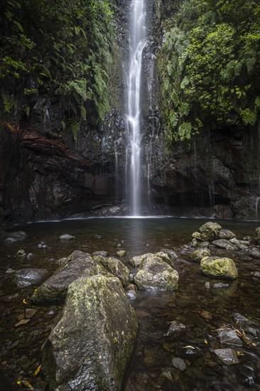 River and waterfall Cascata das 25 Fontes, long exposure, Rabacal, Paul da Serra, Madeira, Portugal, Europe